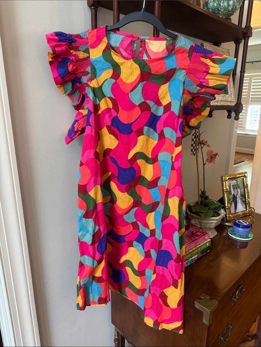 Womens Vibrant Multi-Color Flutter Sleeve Dress
